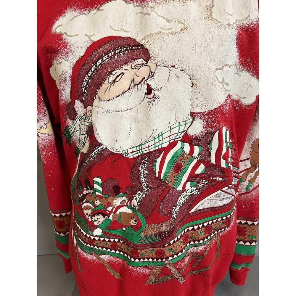 Christmas Sweatshirt Adult Extra Large Embroidered Puff Print 80s Santa AOP - Picture 2 of 14